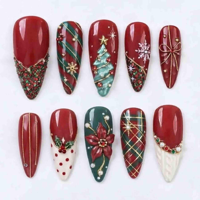 Red and Green Christmas Press On Nails With Plaid, Poinsettia, and Tree Details
