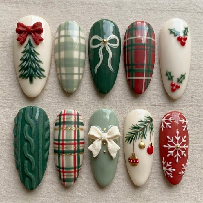 Red and Green Christmas Plaid Press On Nails with Raised Bows and Holiday Details