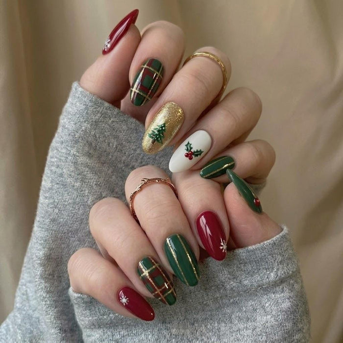 Red and Green Christmas Plaid Press-On Nails with Gold Tree and Holly Details
