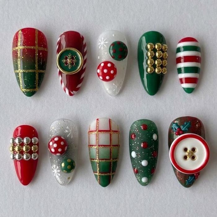 Red and Green Christmas Plaid Press-On Nails with Button Details