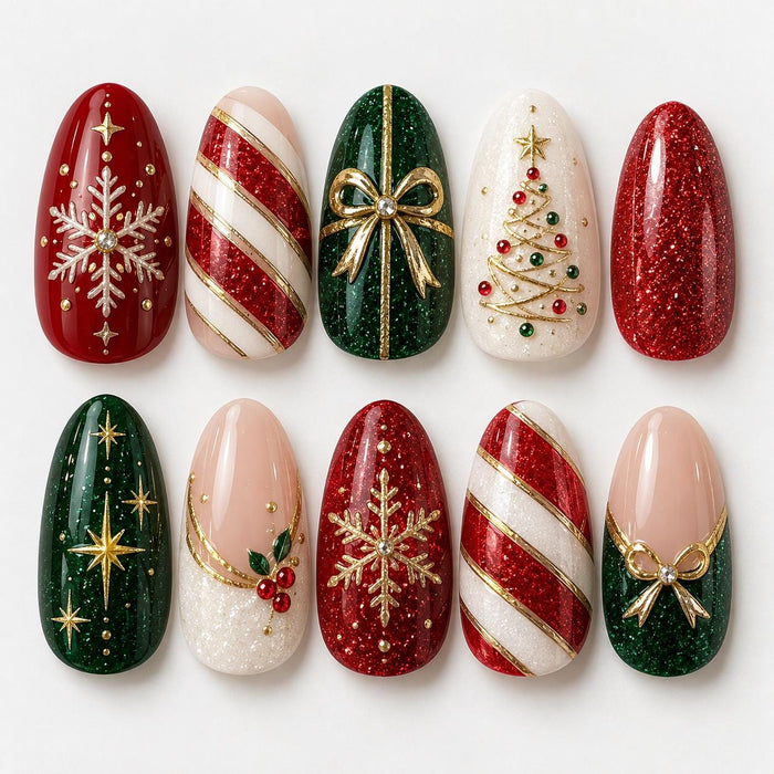 Red and Green Christmas Press On Nails with Glitter, Snowflakes, Trees and Gold Bows