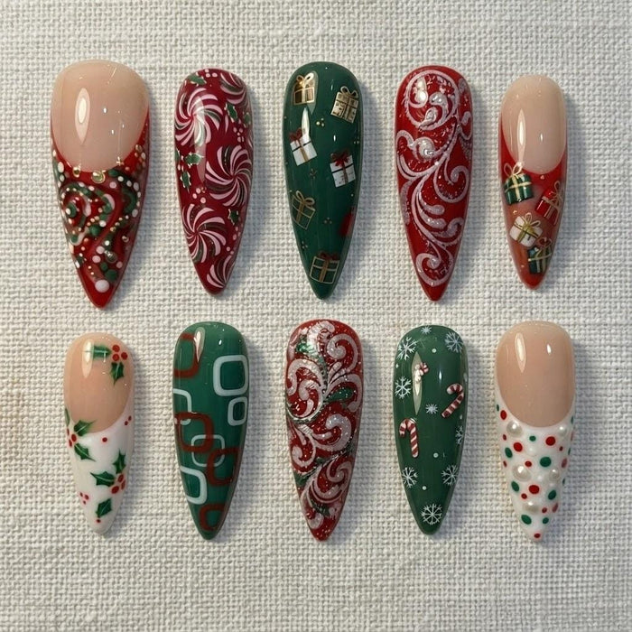 Red and Green Christmas Press On Nails With Peppermint Swirls, Holly and Gift Boxes