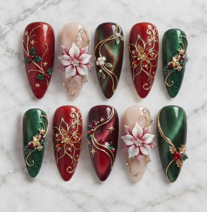 Red and Green Christmas Press On Nails With Poinsettias and Gold Scrollwork