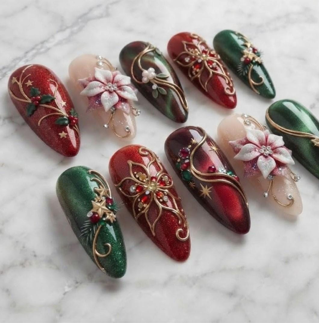 Red and Green Christmas Press On Nails With Poinsettias and Gold Scrollwork