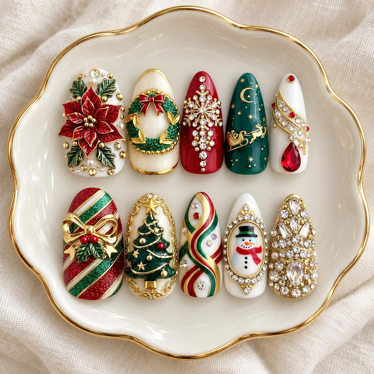 Red and Green Christmas Press On Nails With Poinsettia, Wreath, Snowflake and Rhinestones
