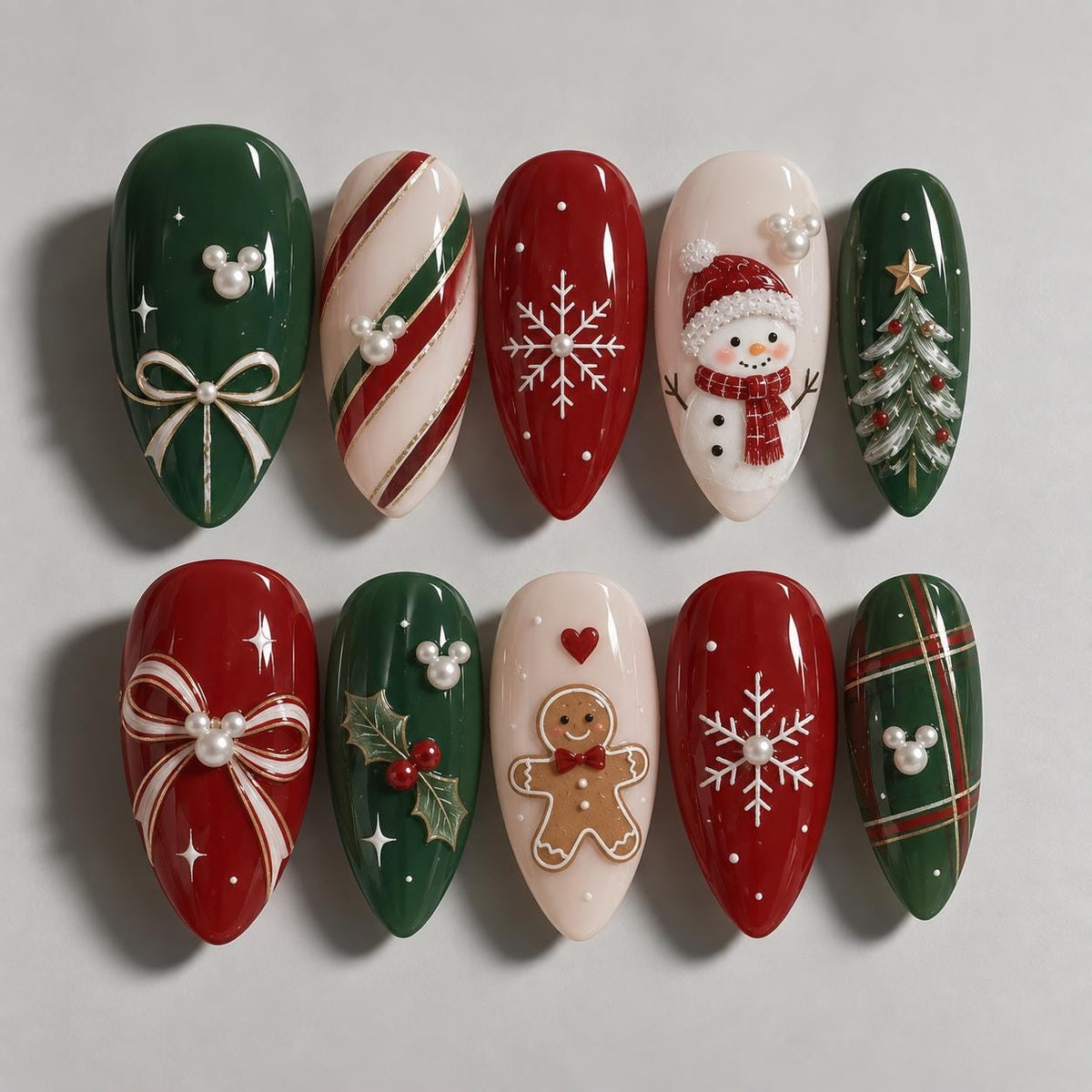 Red and Green Christmas Press On Nails with Snowflakes, Plaid and 3D Holiday Details