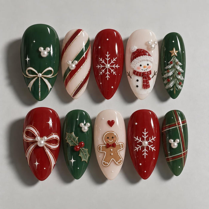 Red and Green Christmas Press On Nails with Snowflakes, Plaid and 3D Holiday Details