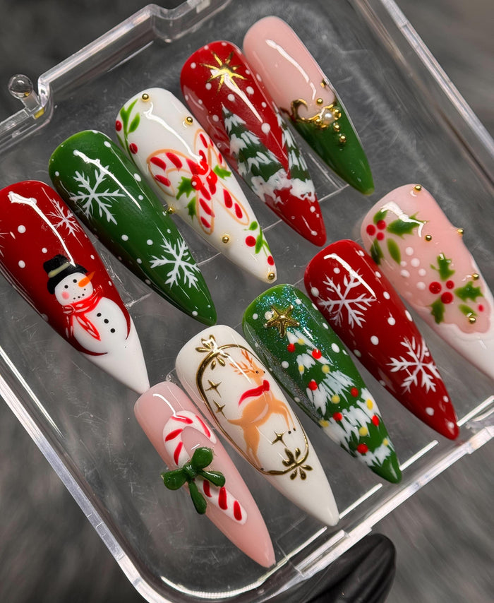 Red and Green Christmas Snowflake Press On Nails with Holiday Charms