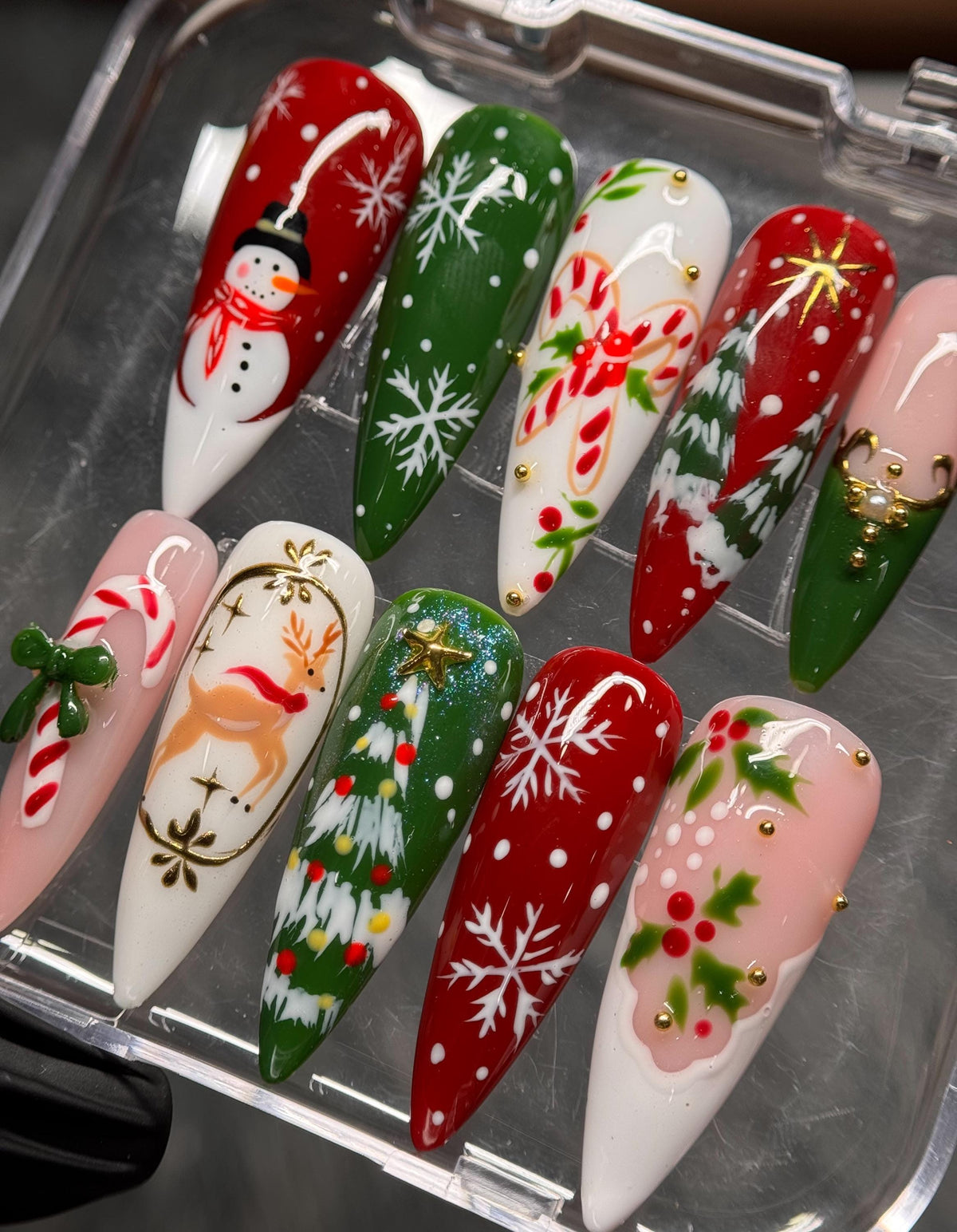Red and Green Christmas Snowflake Nails with Holiday Charms