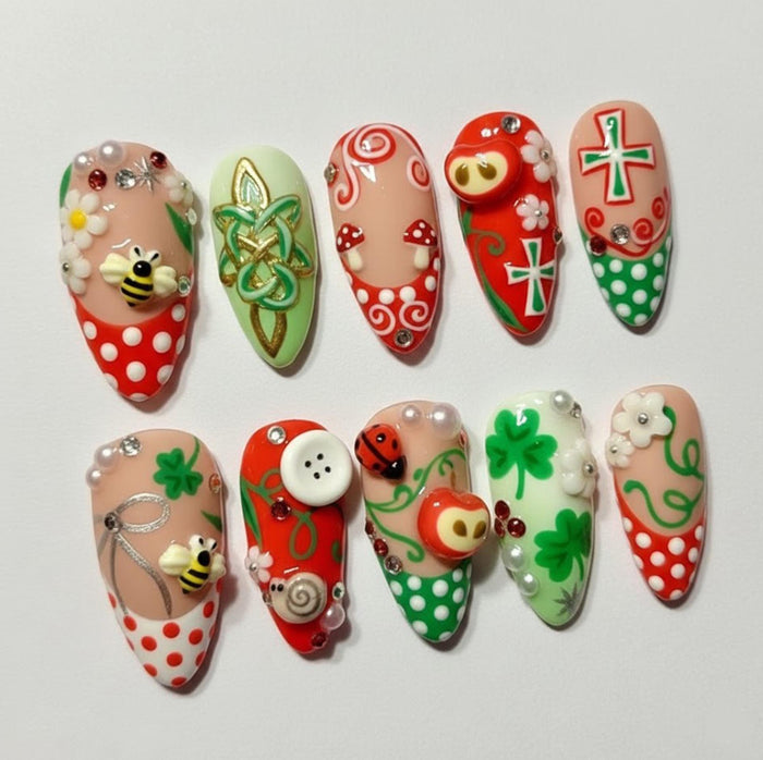 Red and Green Garden Press On Nail Set with Clovers, Bees, Ladybugs and Celtic Knot