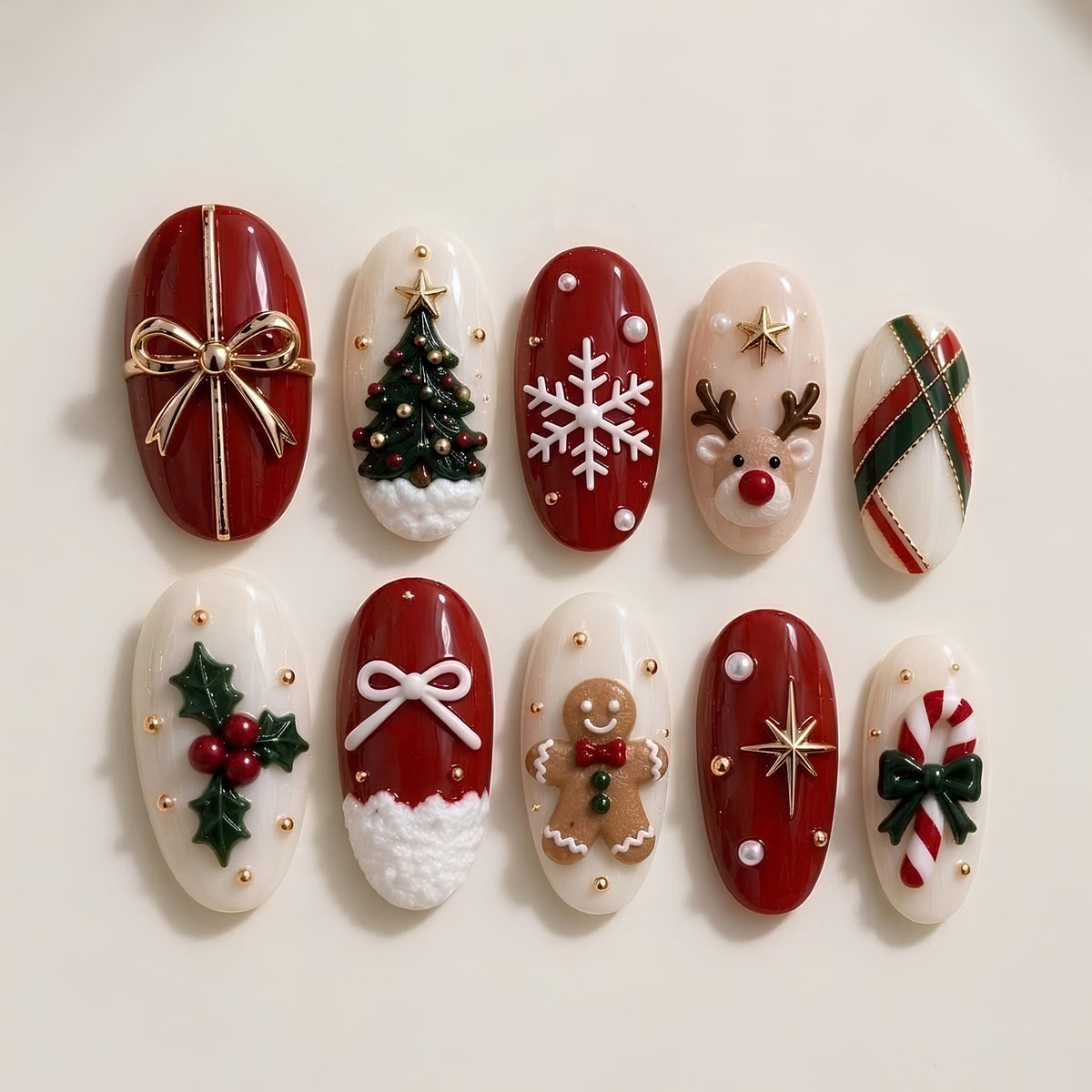 Red and Ivory Christmas Nail Set With Bows, Tree, Snowflake and Holiday Motifs