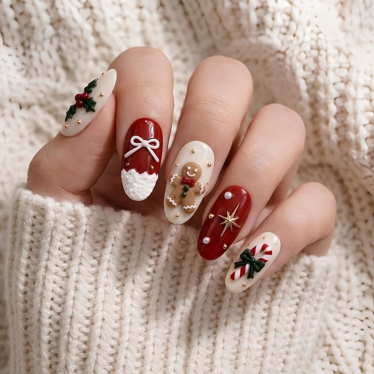 Red and Ivory Christmas Nail Set With Bows, Tree, Snowflake and Holiday Motifs
