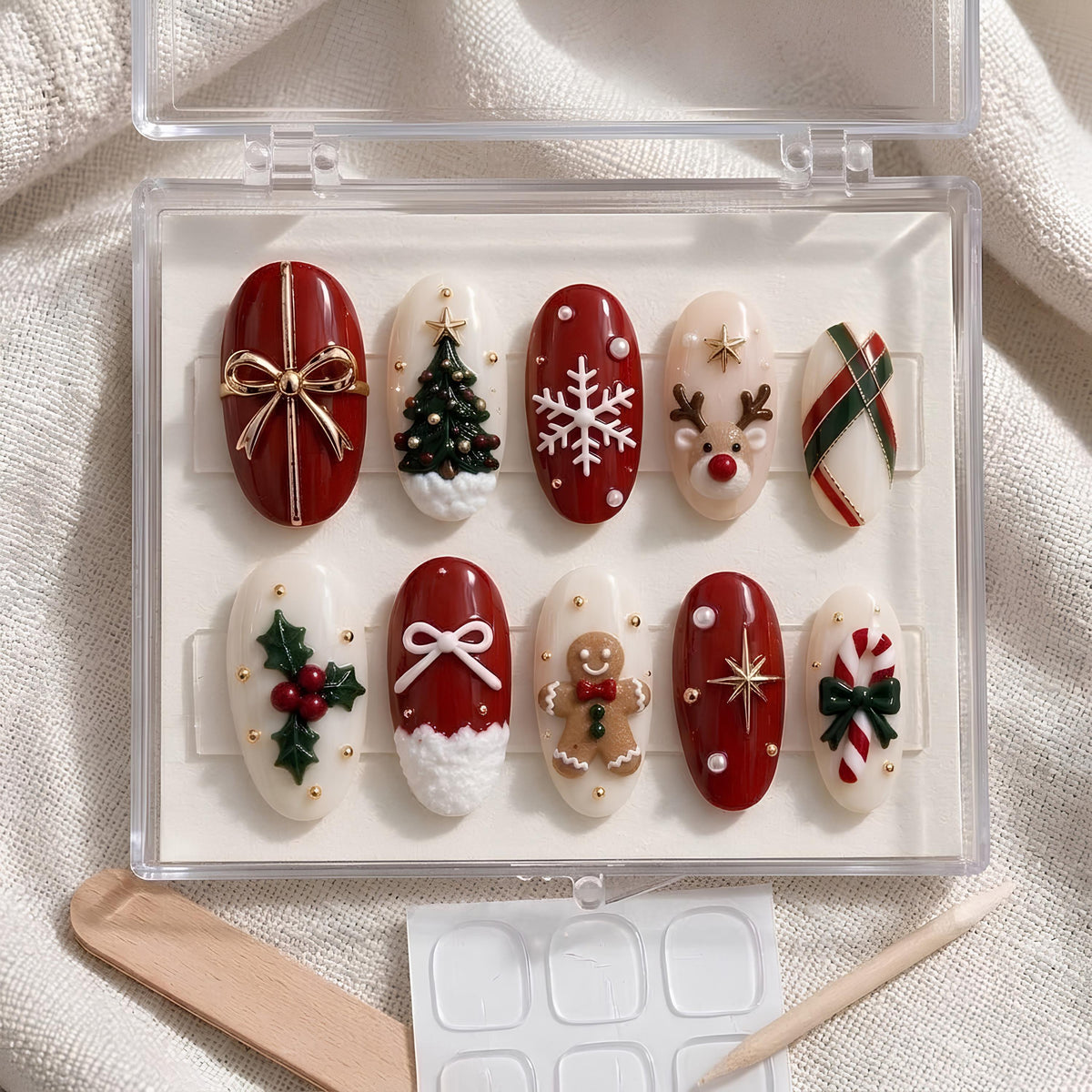 Red and Ivory Christmas Nail Set With Bows, Tree, Snowflake and Holiday Motifs