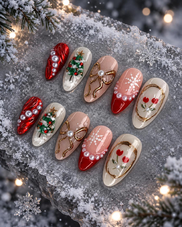 Red and Ivory Christmas Press On Nails with 3D Trees, Snowflakes, Pearls, and Gold Bows