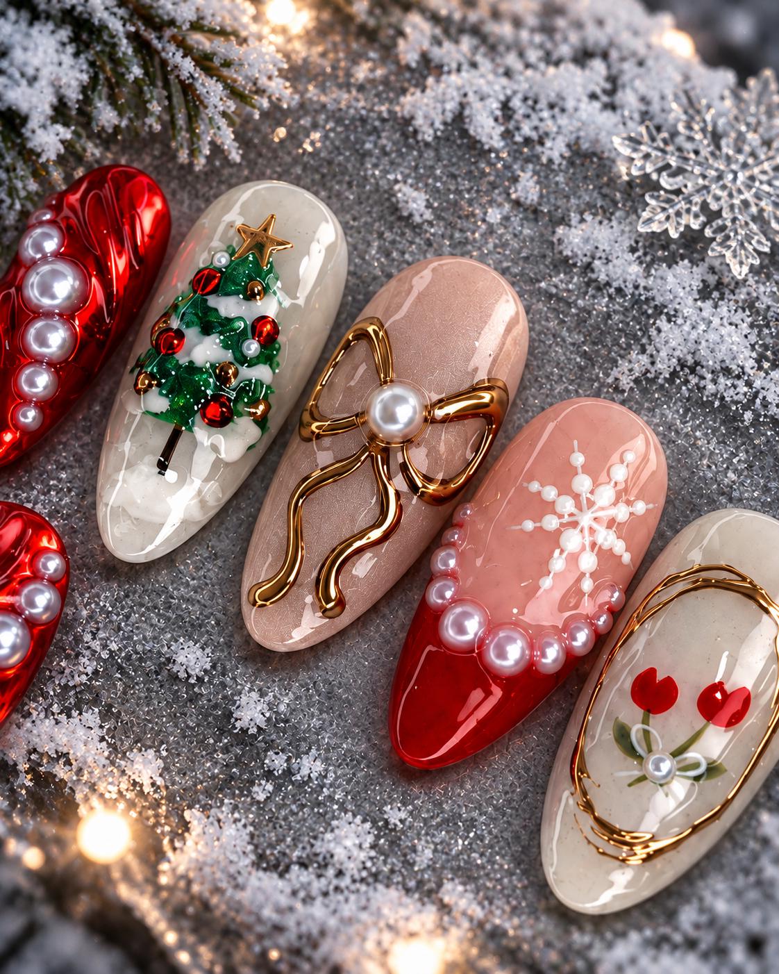 Red and Ivory Christmas Nails with 3D Trees, Snowflakes, Pearls, and Gold Bows