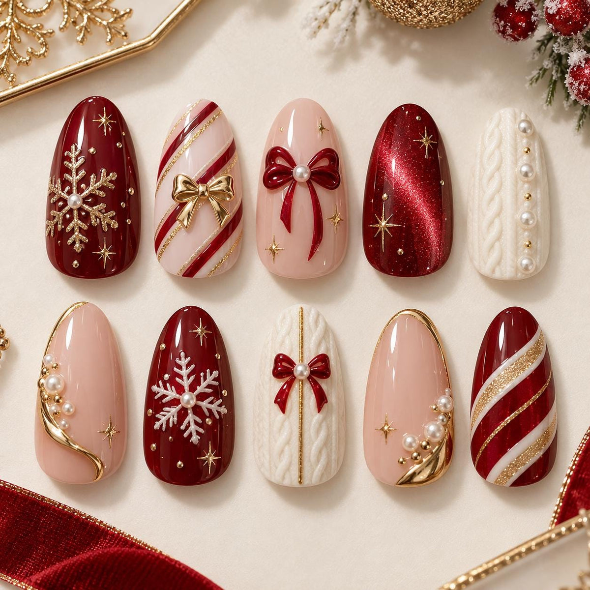 Red and Ivory Christmas Nails with Snowflakes, Bows, Pearls and Cable-Knit Details
