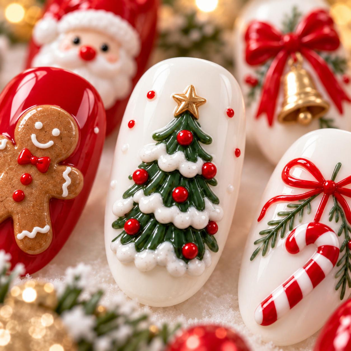 Red and Ivory Christmas Press On Nails With Santa, Gingerbread and Reindeer