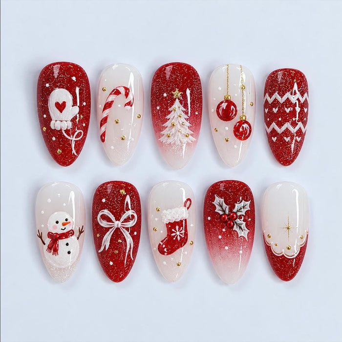 Red and Milky White Christmas Glitter Press On Nail Set with Snowflakes and Festive Motifs
