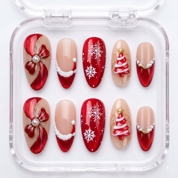 Red and Nude Christmas Press On Nails with 3D Trees, Snowflakes and Gold-Edged Bows