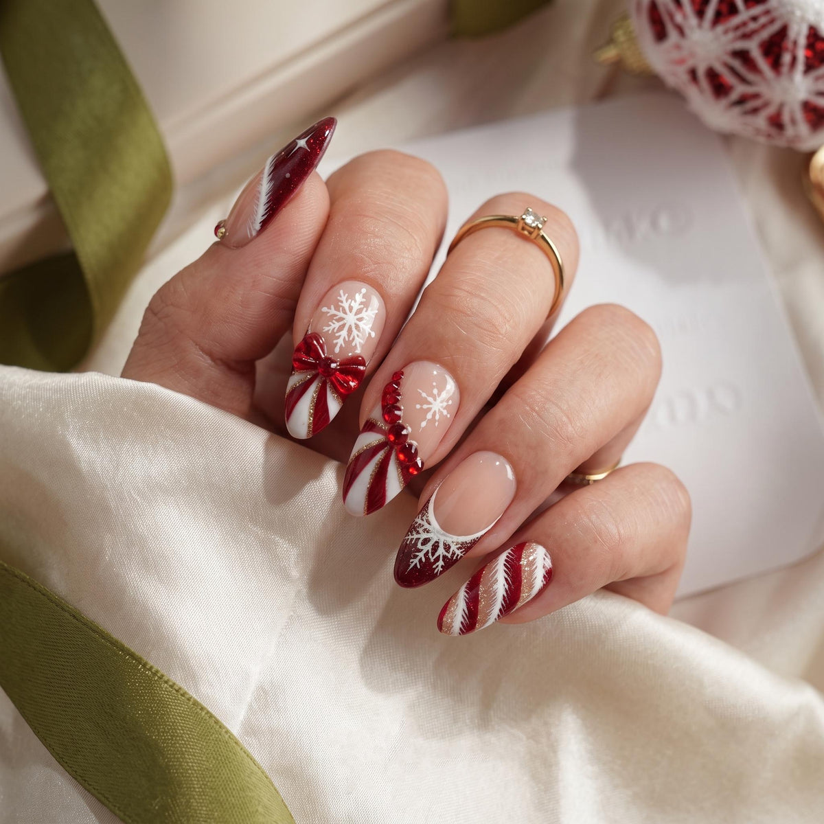 Red and Nude Christmas Nails with Snowflakes, Candy Cane Stripes, Glitter and Rhinestones