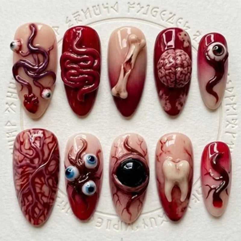 Red and Nude-Pink 3D Anatomical Halloween Press-On Nails