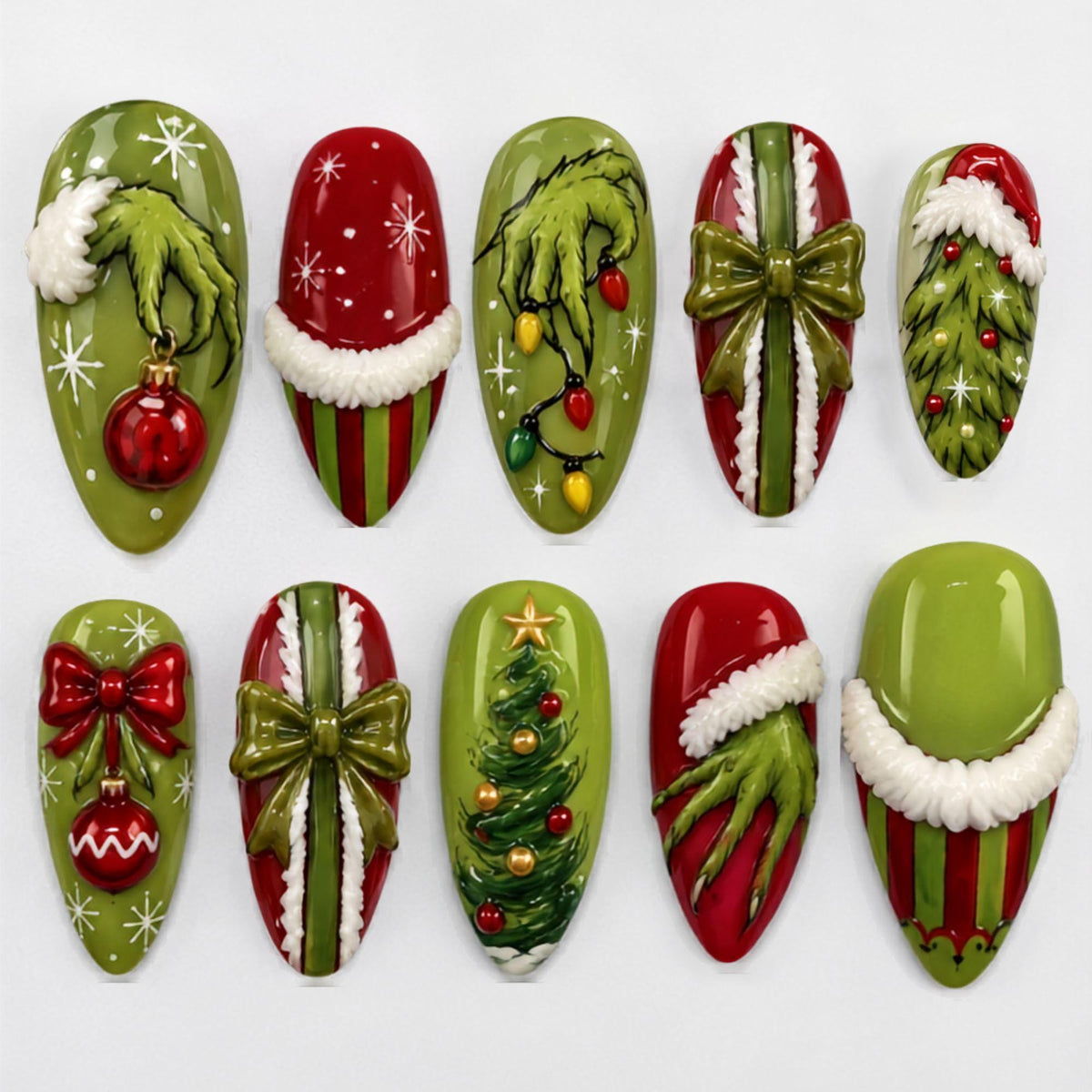 Red and Olive Green Christmas Nails with Trees, Ornaments, Snowflakes and Sculpted Bows