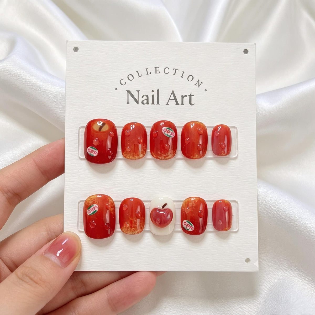 Red and Orange Apple Press-On Nails With 3D Water Drops