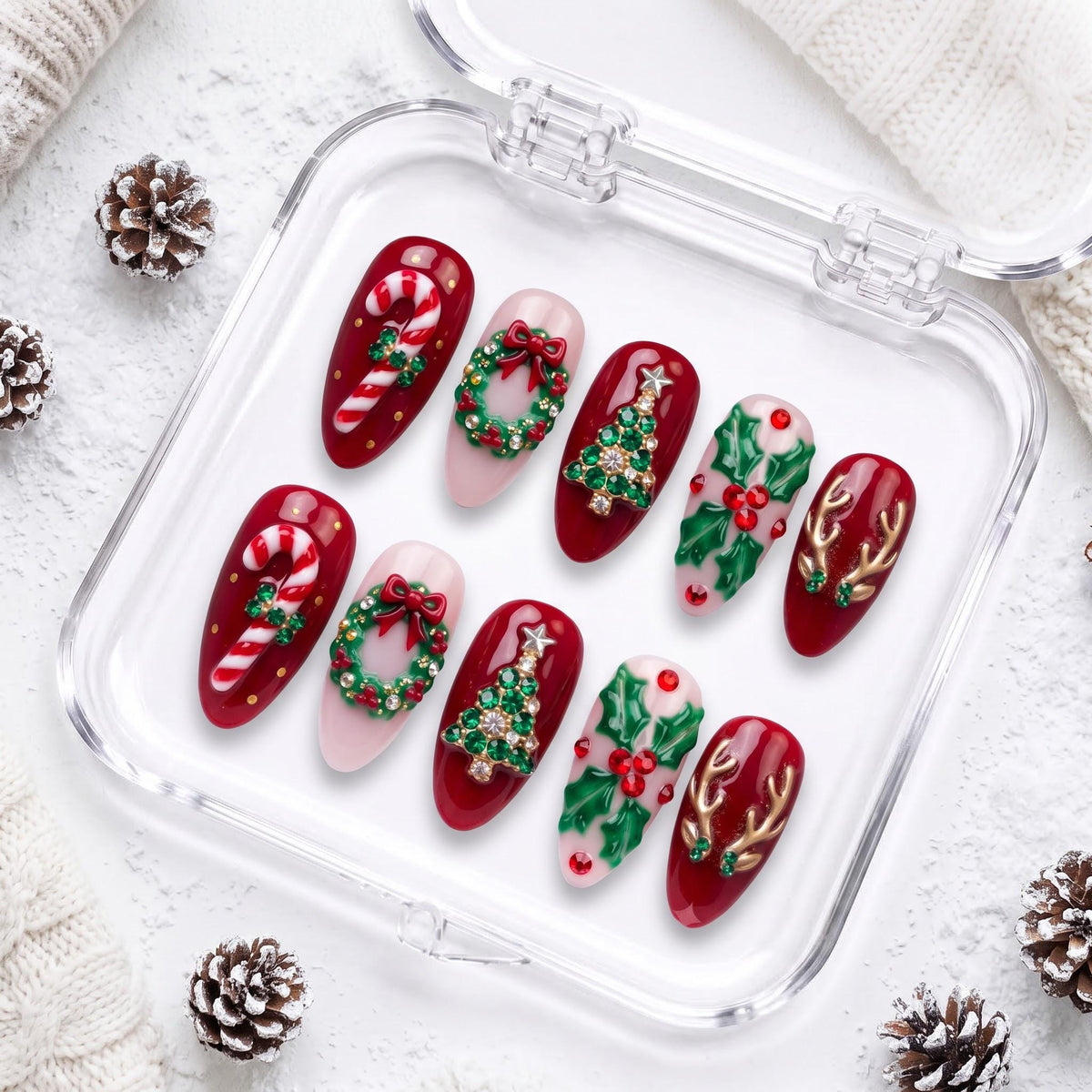 Red and Pink Christmas Nails With Candy Canes, Wreaths and Reindeer Antlers