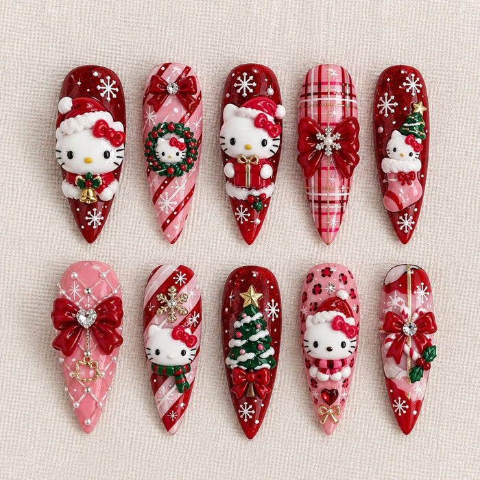 Red and Pink Christmas Press On Nails with Plaid, Bows and 3D Character Art
