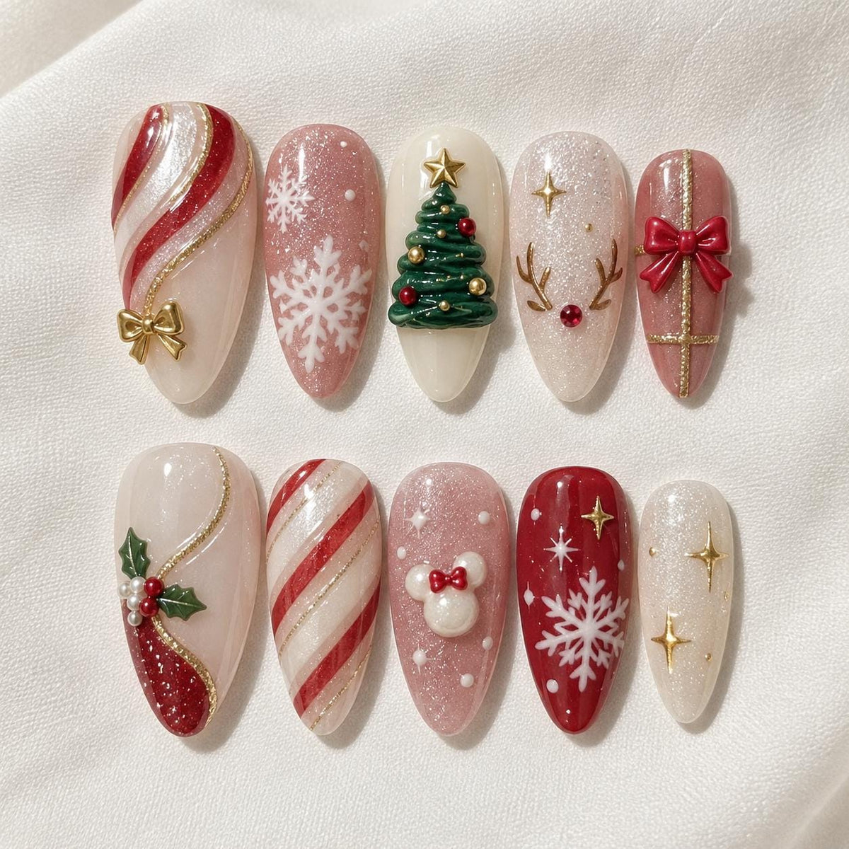 Red and Pink Christmas Press On Nails with Snowflakes, Candy Cane Stripes and 3D Holiday Details