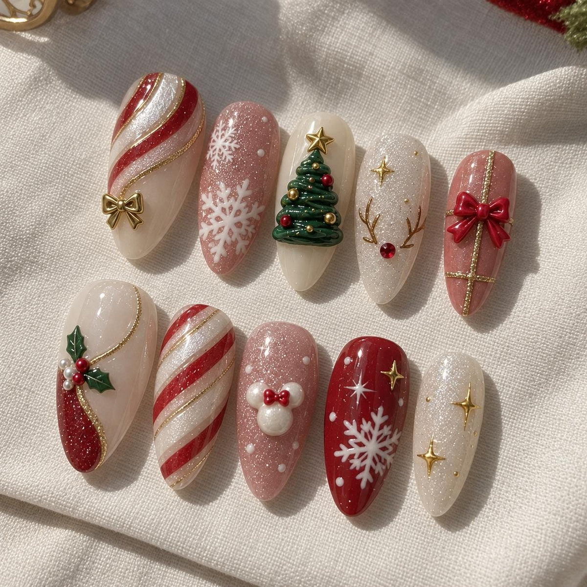 Red and Pink Christmas Press On Nails with Snowflakes, Candy Cane Stripes and 3D Holiday Details