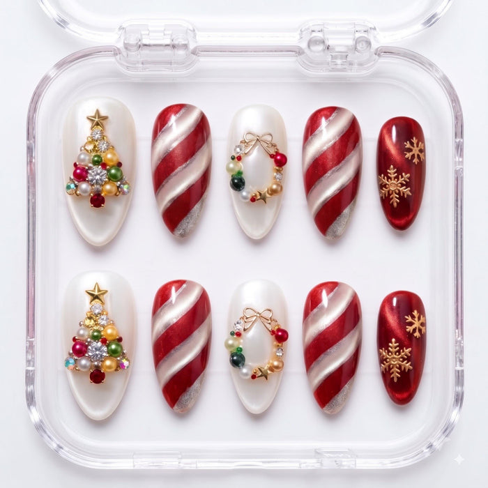 Red and Silver Candy Cane Christmas Press On Nails With Beaded Trees and Wreaths