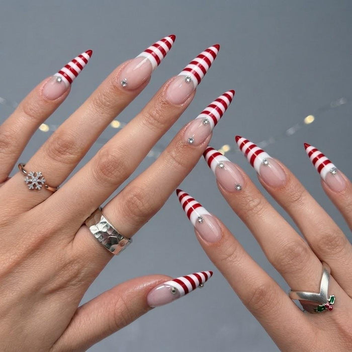 Red and White Candy Cane Stripe Christmas Press On Nails With Silver Rhinestones