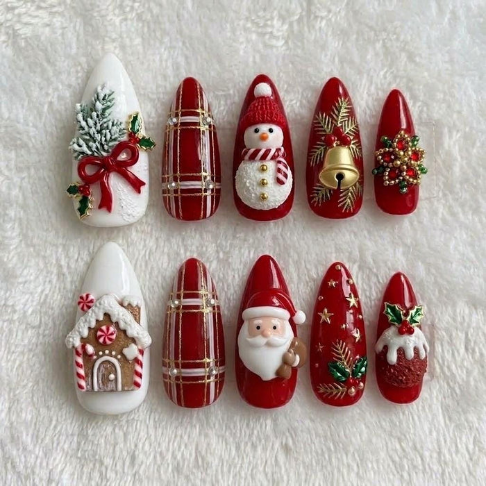 Red and White Christmas Press On Nails with 3D Santa, Gingerbread House and Plaid