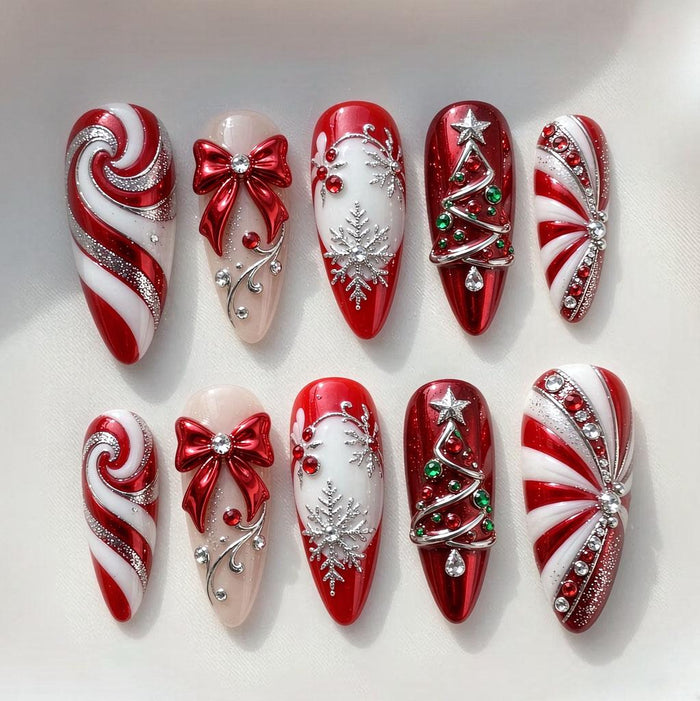 Red and White Christmas Press On Nails With Candy Canes, Bows, Snowflakes and Trees