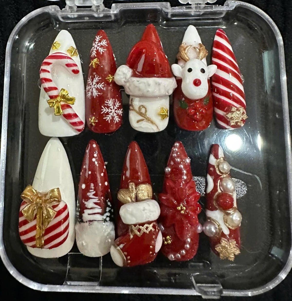 Red and White Christmas Press On Nails with Candy Cane Stripes, Reindeer, Snowflakes and 3D Accents