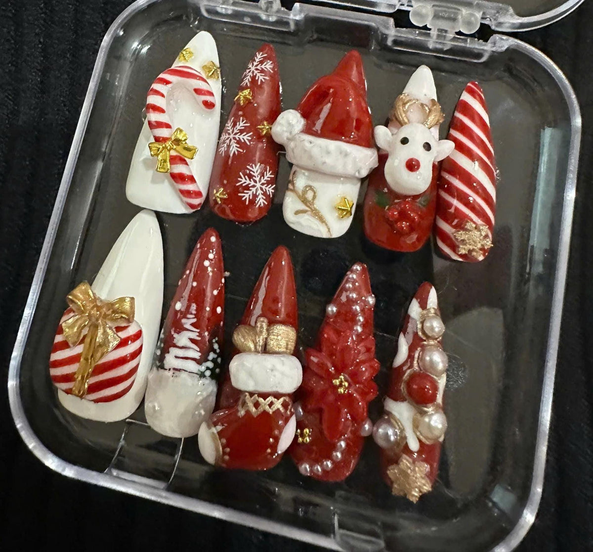 Red and White Christmas Press On Nails with Candy Cane Stripes, Reindeer, Snowflakes and 3D Accents