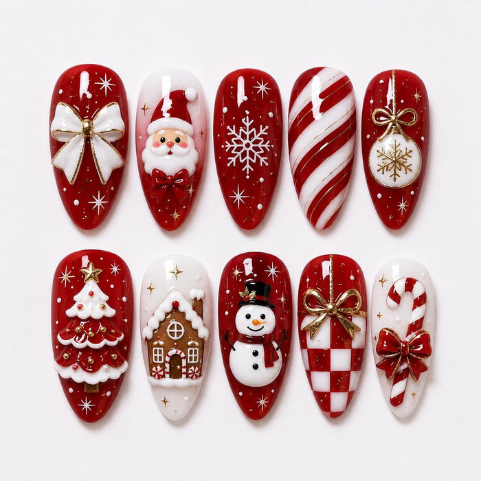 Red and White Christmas Press-On Nails with Santa, Snowflakes and 3D Charms