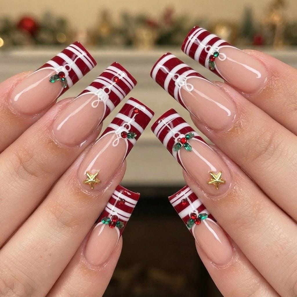 Red and White Striped French Tip Christmas Nails with Bows and Holly