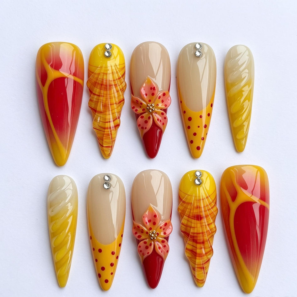 Red and Yellow Floral Shell-Inspired Press On Nails with Rhinestones