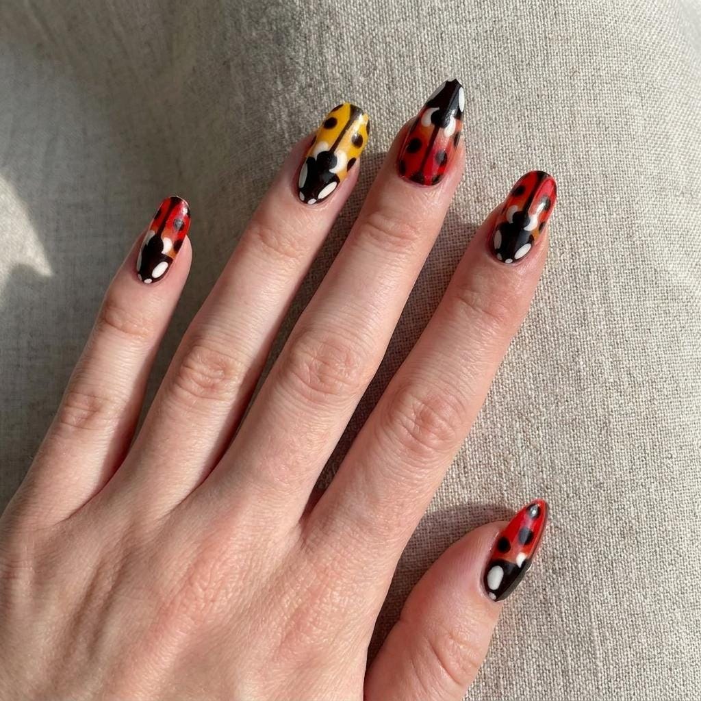 Red and Yellow Ladybug Press On Nail Set