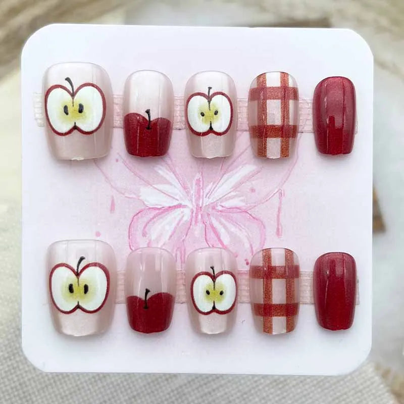 Red Apple and Plaid Press On Nails