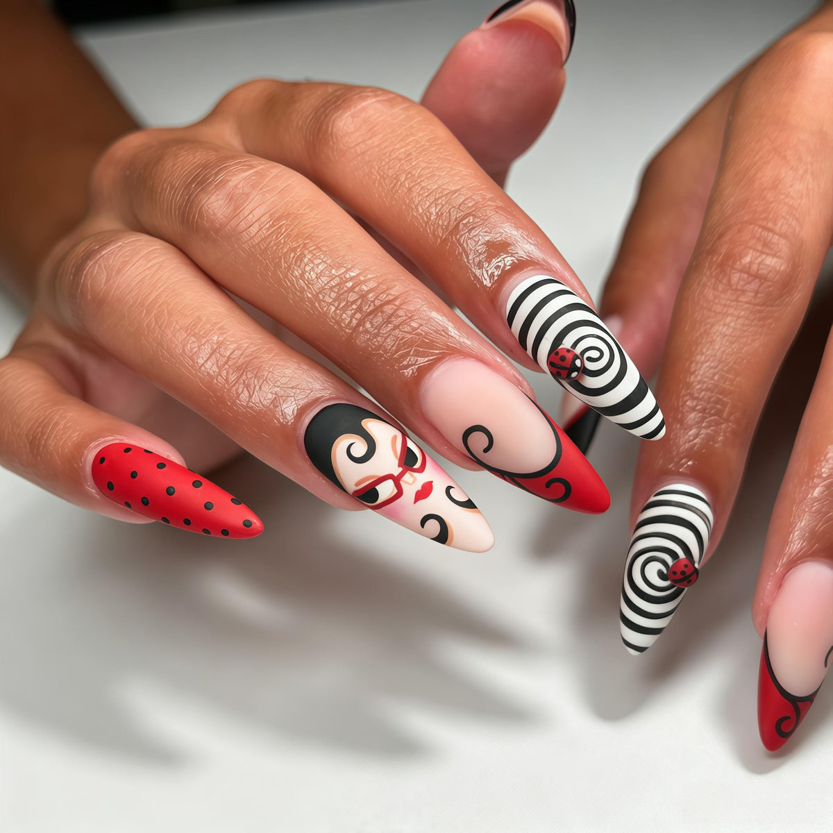 Red, Black & Ivory Cartoon Spiral Nail Set