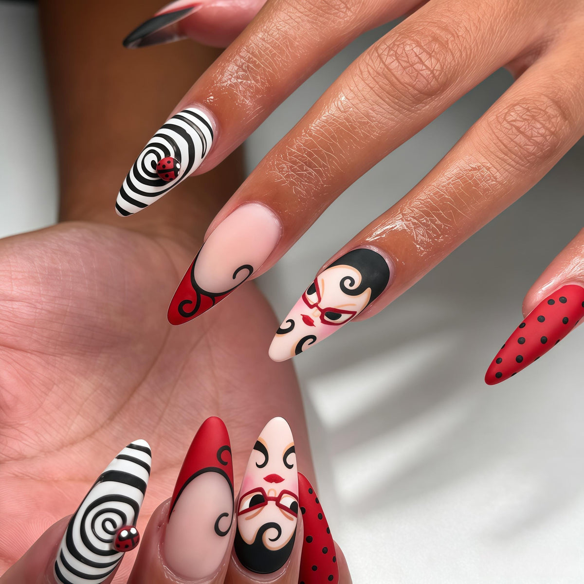 Red, Black & Ivory Cartoon Spiral Nail Set