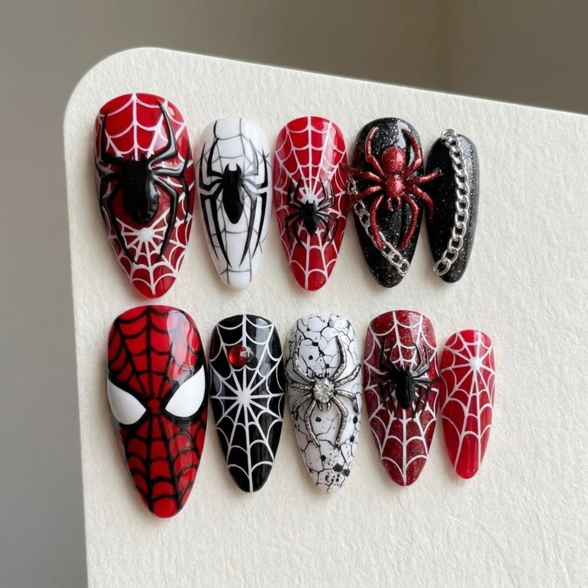Red, Black & White Superhero Spiderweb Press On Nails With Raised Spider and Chain