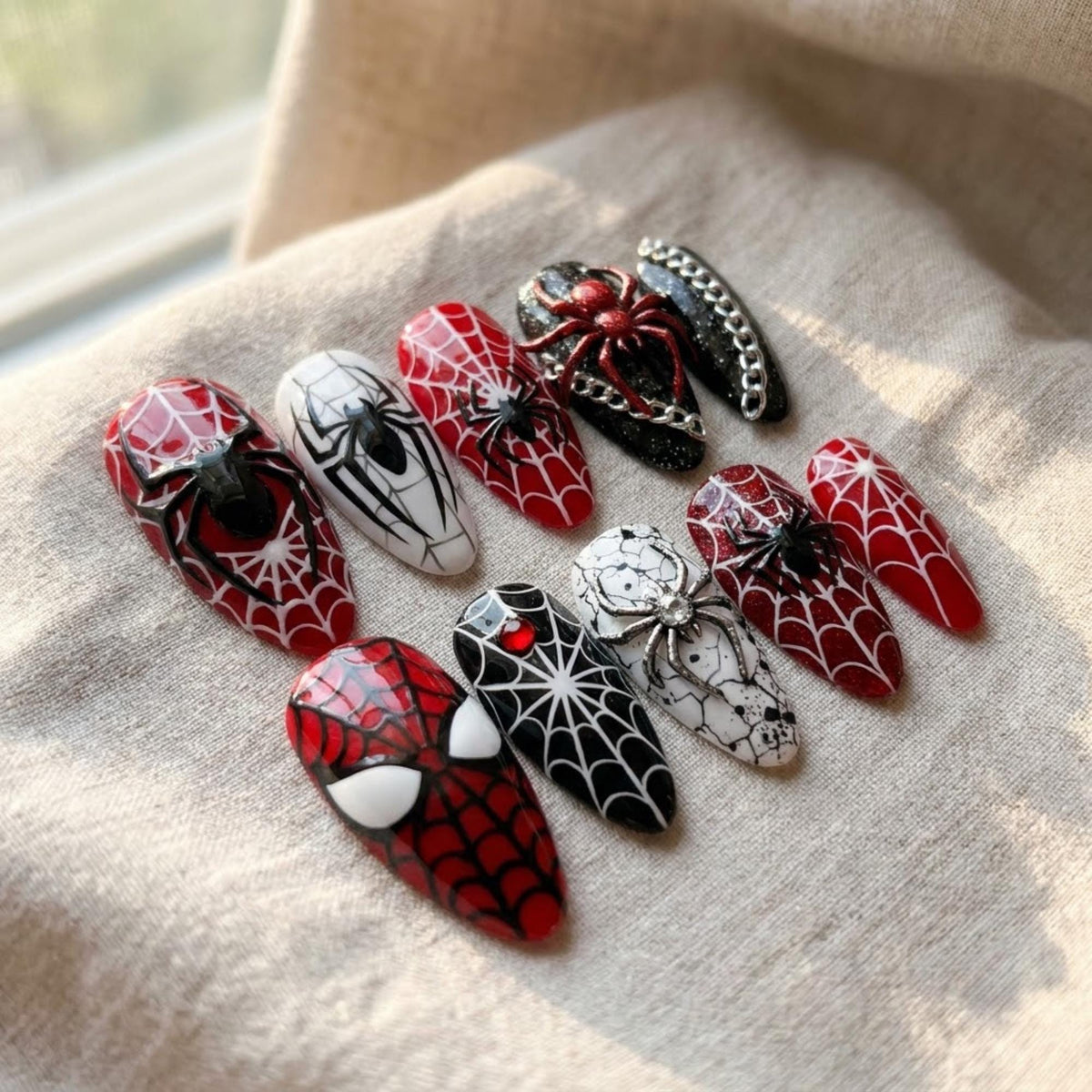 Red, Black & White Superhero Spiderweb Press On Nails With Raised Spider and Chain