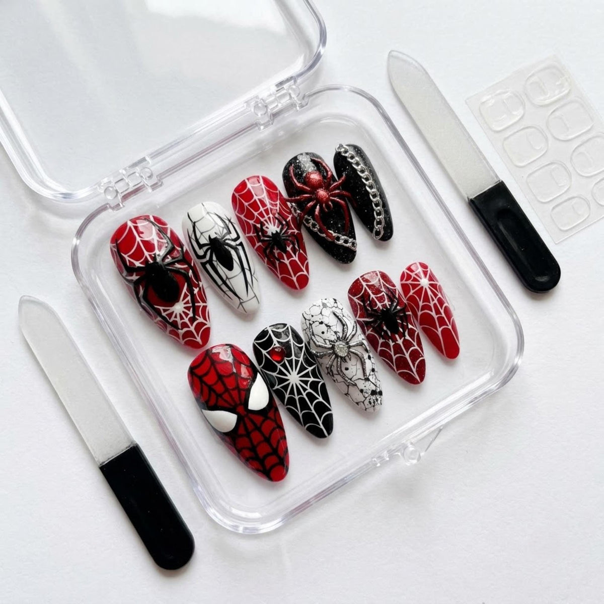 Red, Black & White Superhero Spiderweb Press On Nails With Raised Spider and Chain