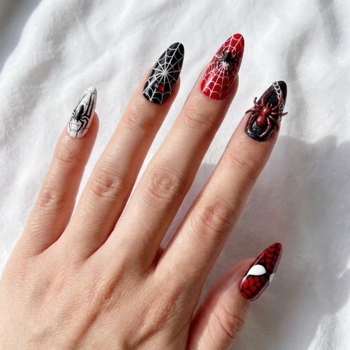 Red, Black & White Superhero Spiderweb Press On Nails With Raised Spider and Chain