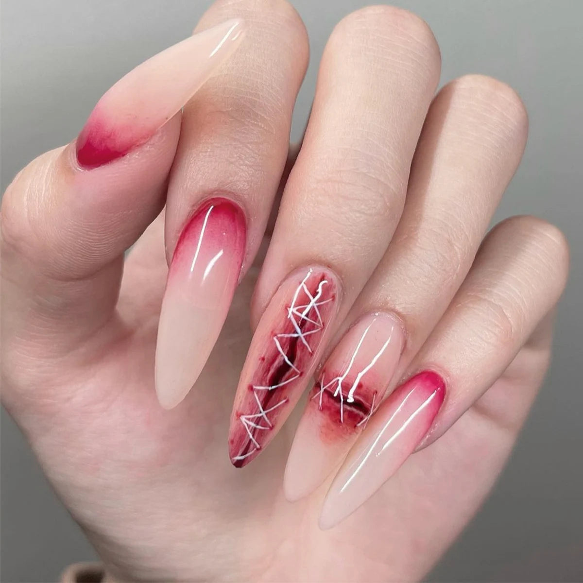 Red Blood-Drip Ombre Halloween Press On Nails with White Spiderweb Details