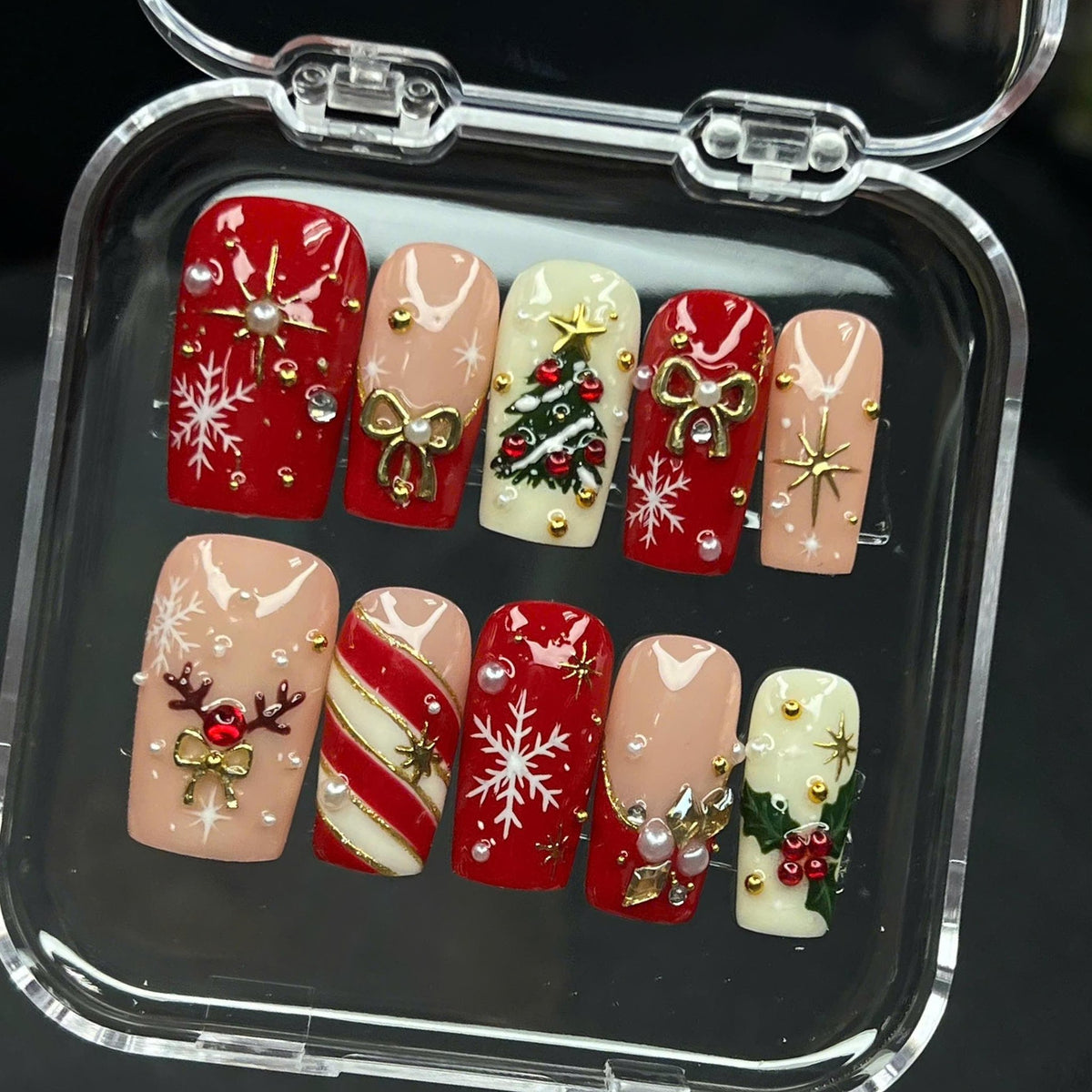 Red, Blush Pink and Ivory Christmas Press On Nails with Bows, Snowflakes and Gold Details